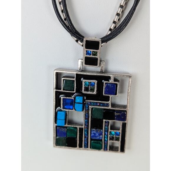 Vintage chico's Modernist Pendant 1.75" square1 leather + metal 17-21"EUCBlue - Picture 6 of 7